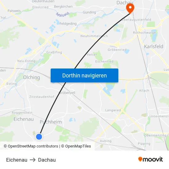 Eichenau to Dachau map
