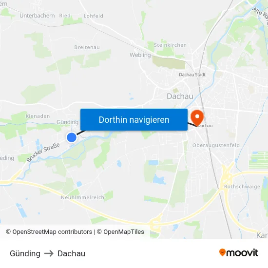 Günding to Dachau map