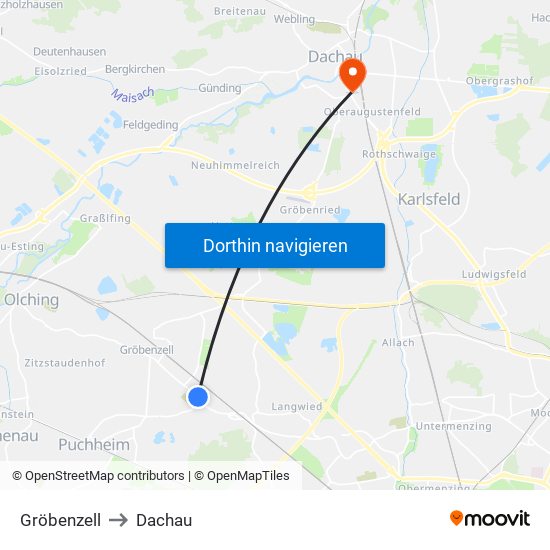 Gröbenzell to Dachau map