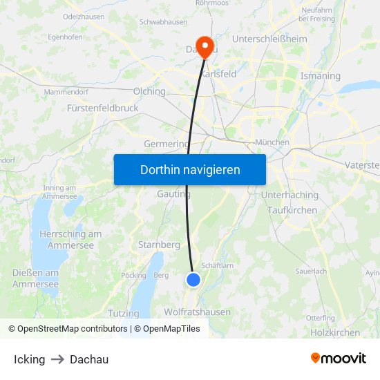 Icking to Dachau map