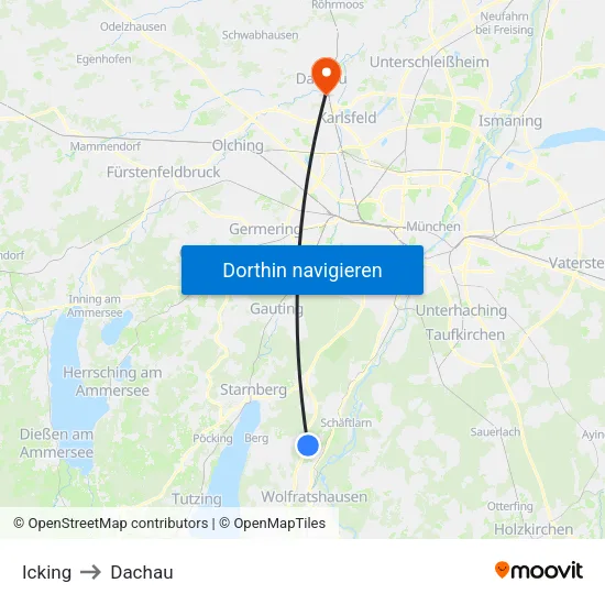 Icking to Dachau map