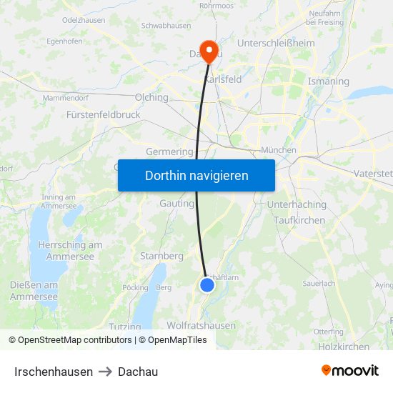 Irschenhausen to Dachau map