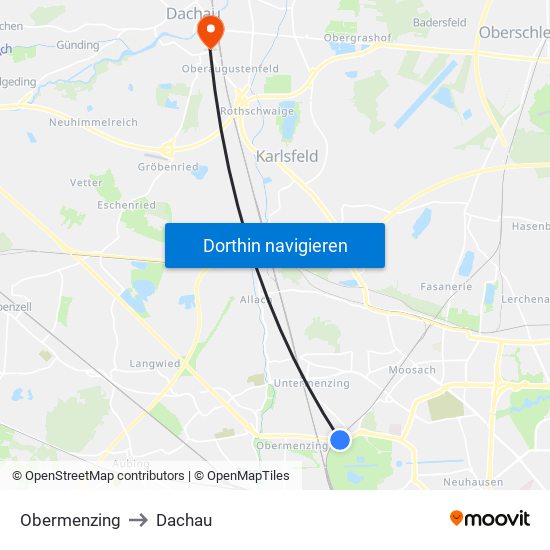 Obermenzing to Dachau map