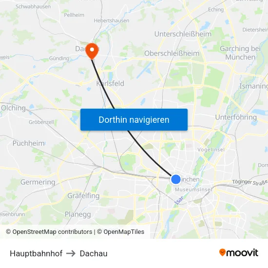 Hauptbahnhof to Dachau map