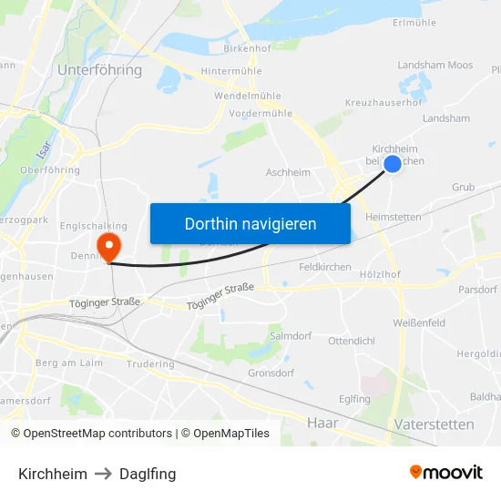 Kirchheim to Daglfing map