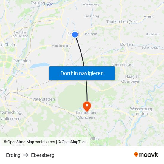 Erding to Ebersberg map