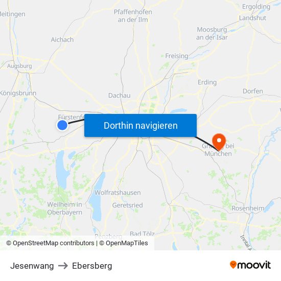 Jesenwang to Ebersberg map