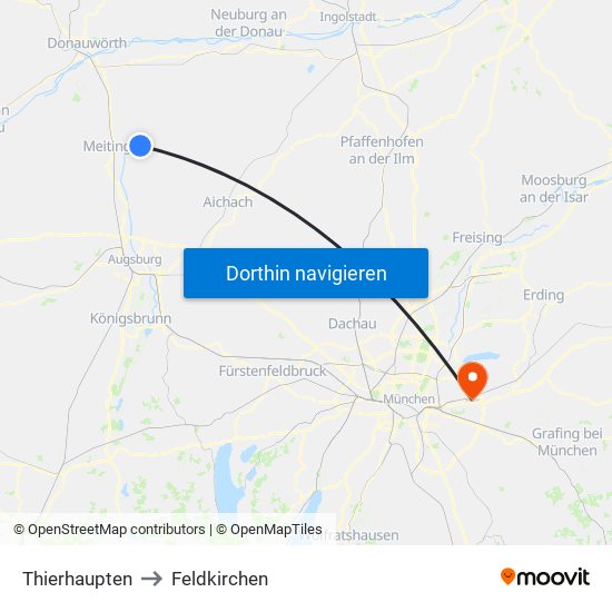 Thierhaupten to Feldkirchen map