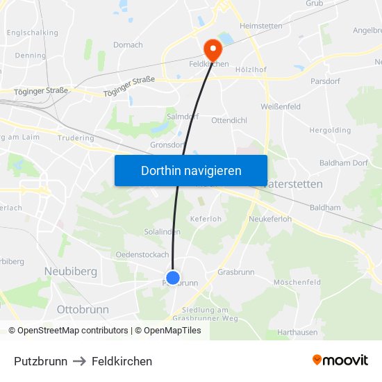 Putzbrunn to Feldkirchen map