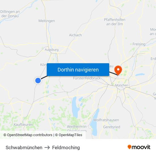 Schwabmünchen to Feldmoching map