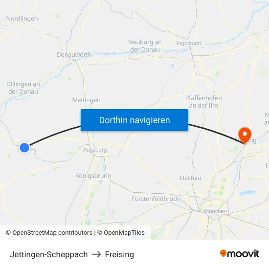 Jettingen-Scheppach to Freising map