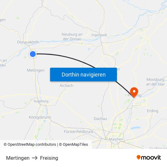 Mertingen to Freising map