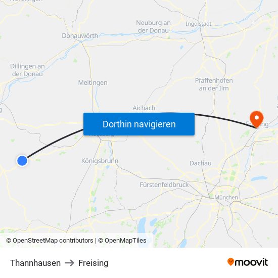 Thannhausen to Freising map