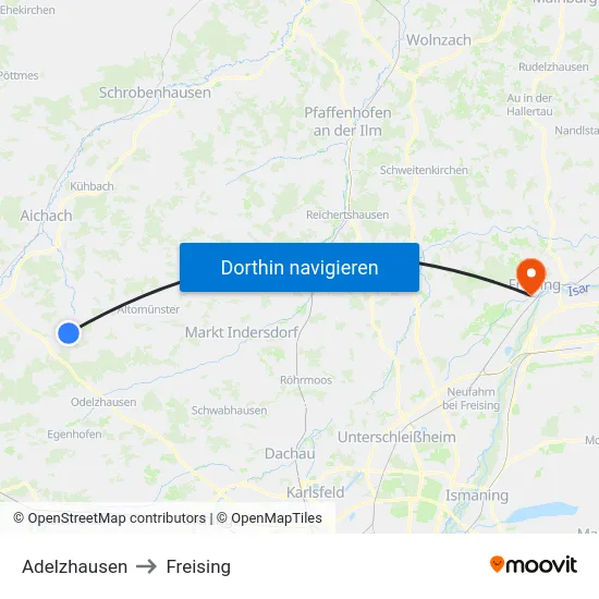 Adelzhausen to Freising map