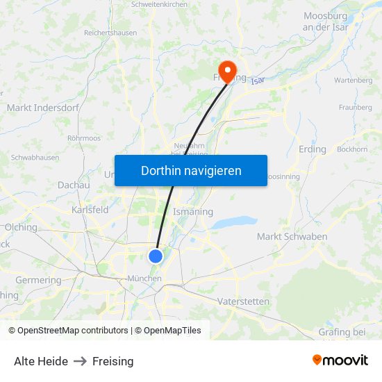 Alte Heide to Freising map