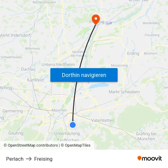 Perlach to Freising map