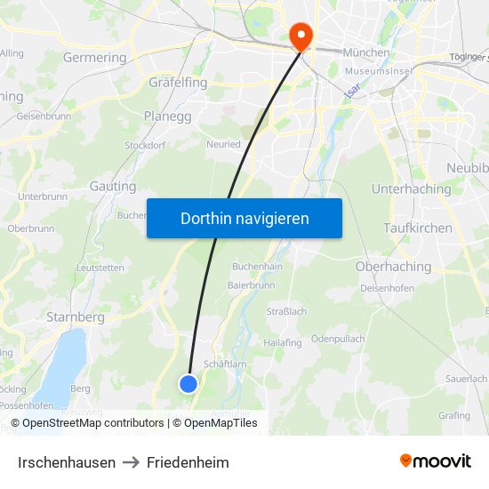 Irschenhausen to Friedenheim map