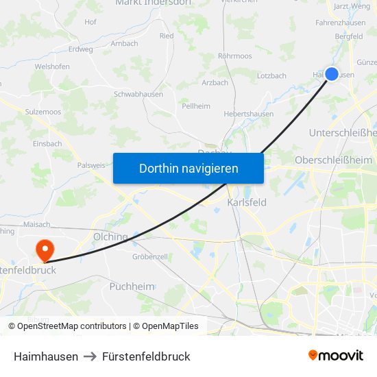 Haimhausen to Fürstenfeldbruck map