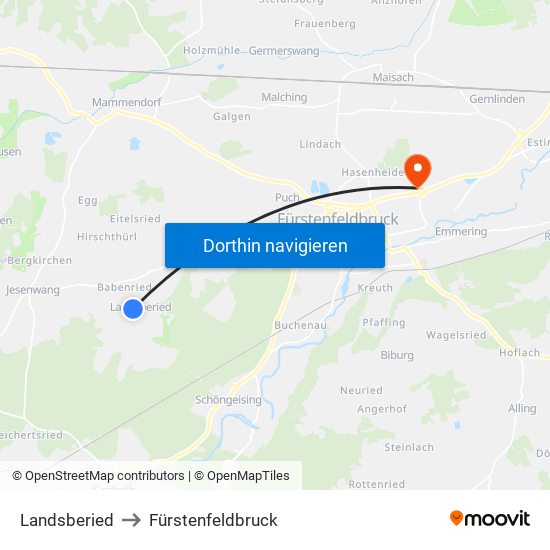 Landsberied to Fürstenfeldbruck map