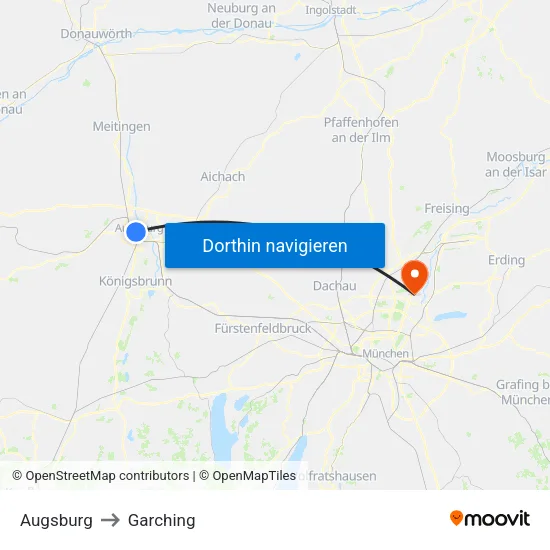 Augsburg to Garching map