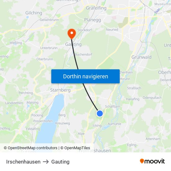 Irschenhausen to Gauting map