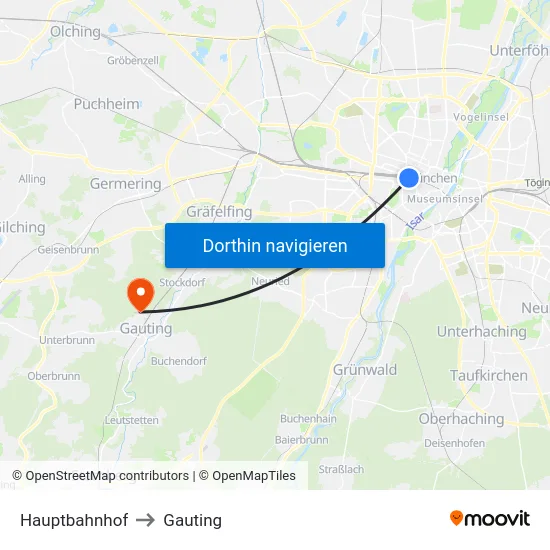 Hauptbahnhof to Gauting map
