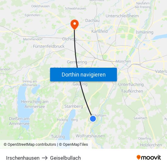 Irschenhausen to Geiselbullach map