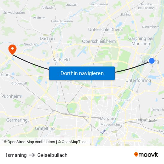 Ismaning to Geiselbullach map