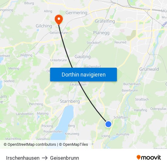 Irschenhausen to Geisenbrunn map