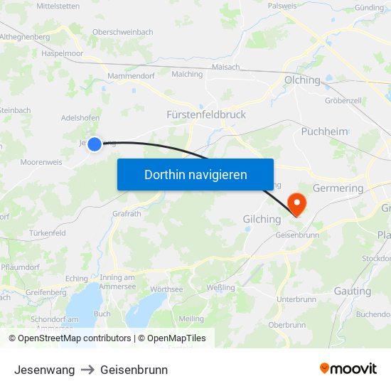 Jesenwang to Geisenbrunn map