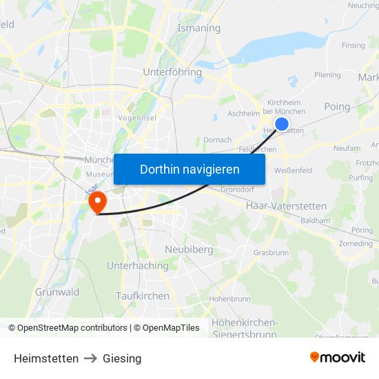 Heimstetten to Giesing map