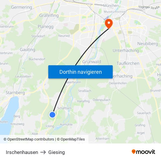 Irschenhausen to Giesing map