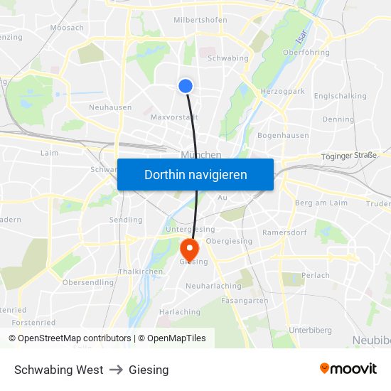 Schwabing West to Giesing map