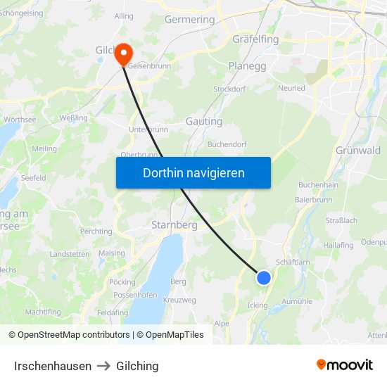 Irschenhausen to Gilching map