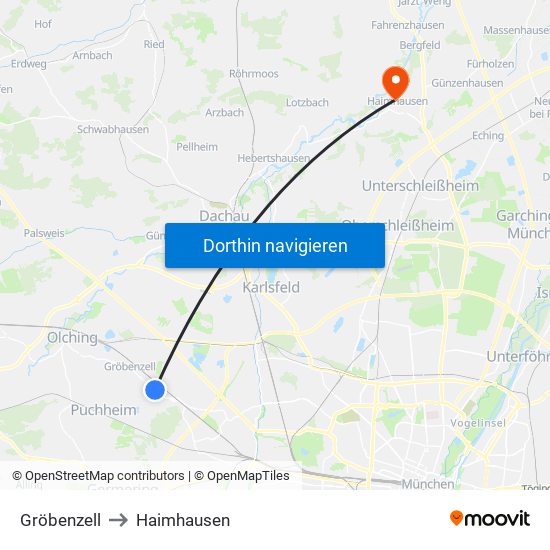 Gröbenzell to Haimhausen map