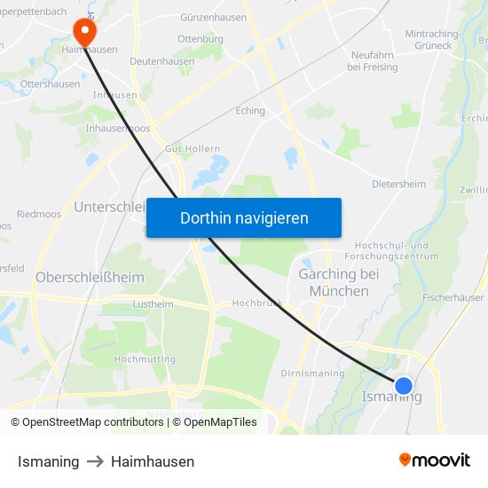 Ismaning to Haimhausen map