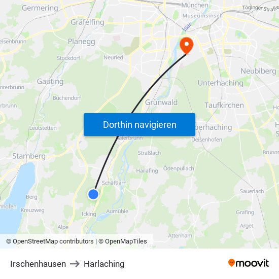 Irschenhausen to Harlaching map
