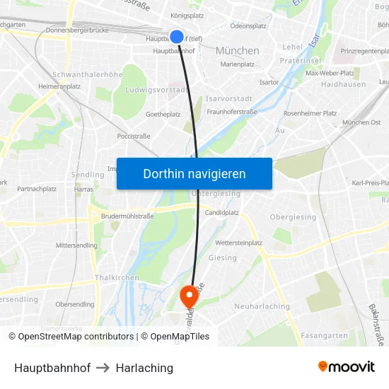 Hauptbahnhof to Harlaching map