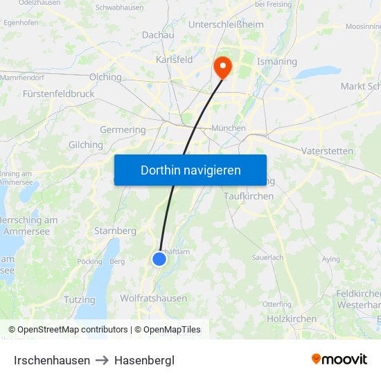 Irschenhausen to Hasenbergl map