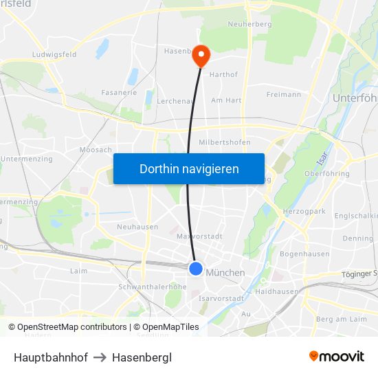 Hauptbahnhof to Hasenbergl map