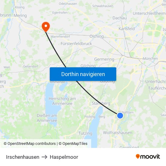 Irschenhausen to Haspelmoor map
