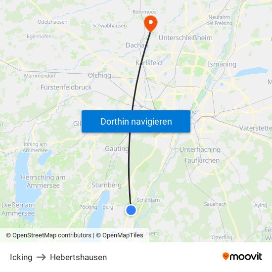Icking to Hebertshausen map