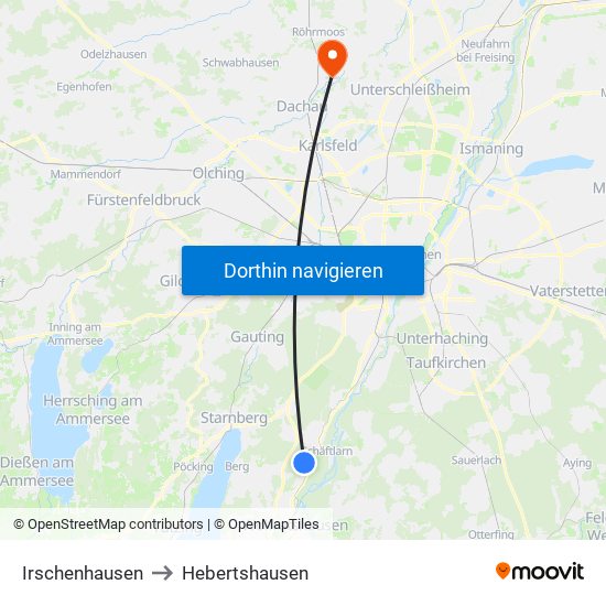 Irschenhausen to Hebertshausen map