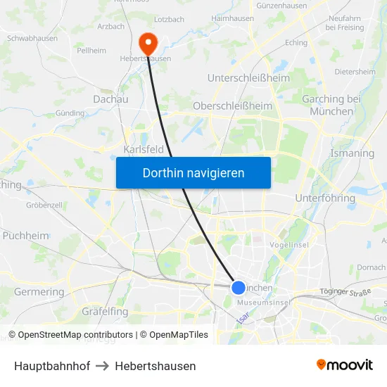 Hauptbahnhof to Hebertshausen map