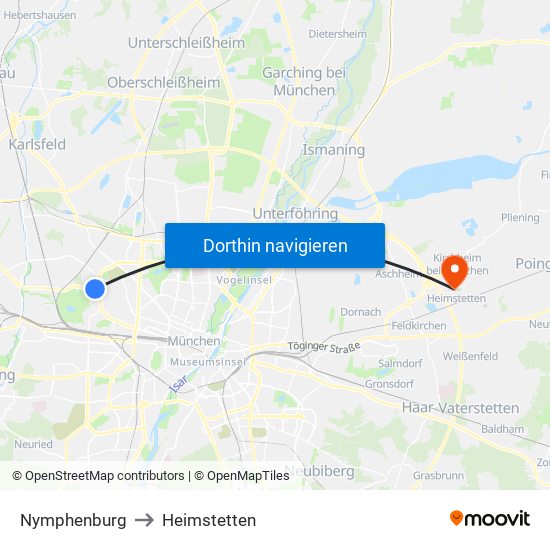 Nymphenburg to Heimstetten map