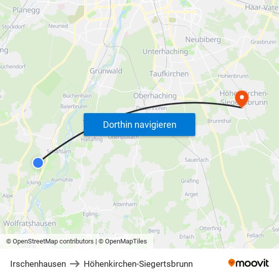Irschenhausen to Höhenkirchen-Siegertsbrunn map