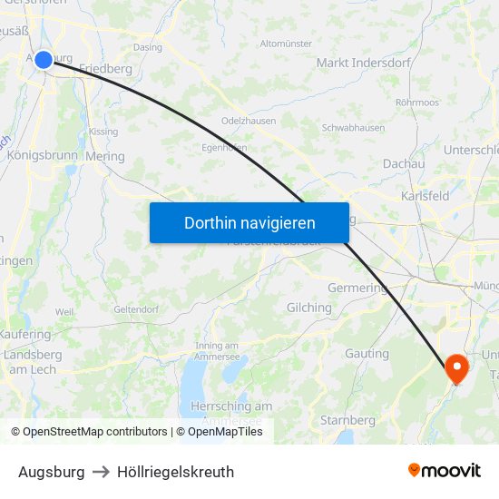 Augsburg to Höllriegelskreuth map