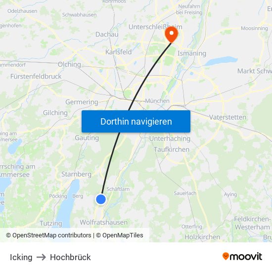 Icking to Hochbrück map