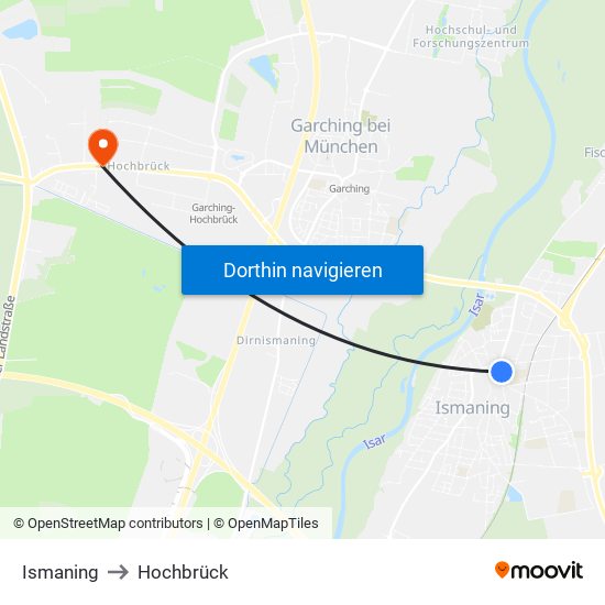 Ismaning to Hochbrück map