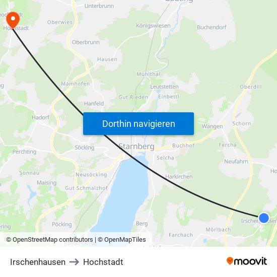 Irschenhausen to Hochstadt map